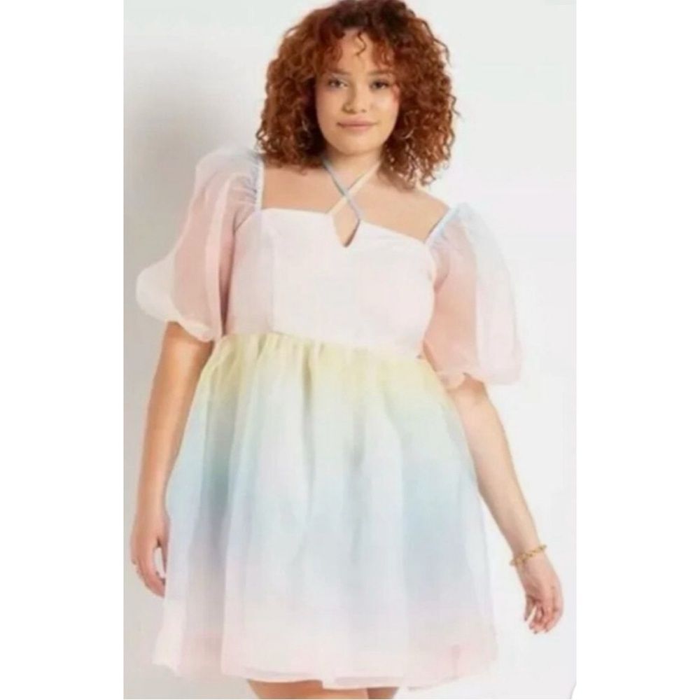 Eloquii Puff Sleeve Rainbow Organza Mini Dress Size 14